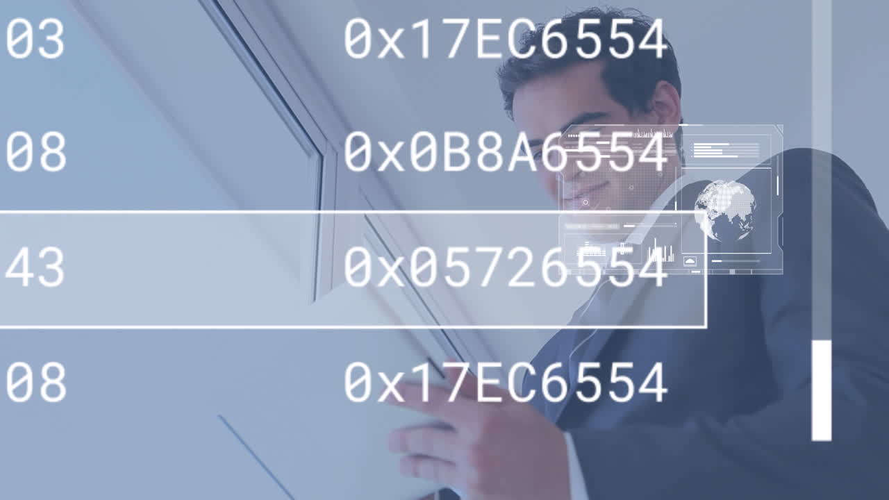 animación del procesamiento de datos financieros sobre empresarios que usan tablets