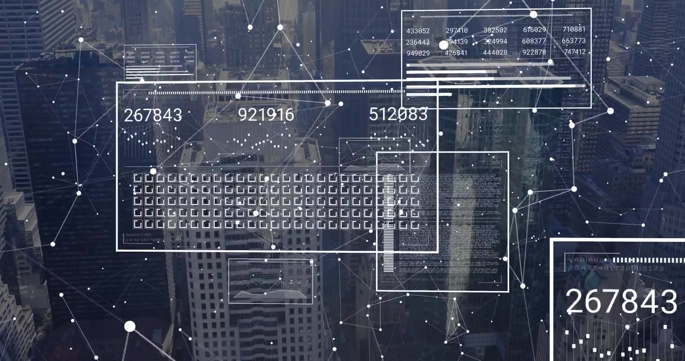 Animated network overlay fading in above skyline panels sliding and updating stats visualizing data