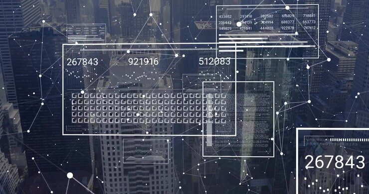 Animated network overlay fading in above skyline panels sliding and updating stats visualizing data