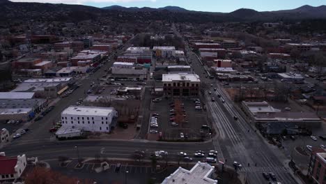 prescott, arizona usa, drone shot of downtown buildings and street traffic