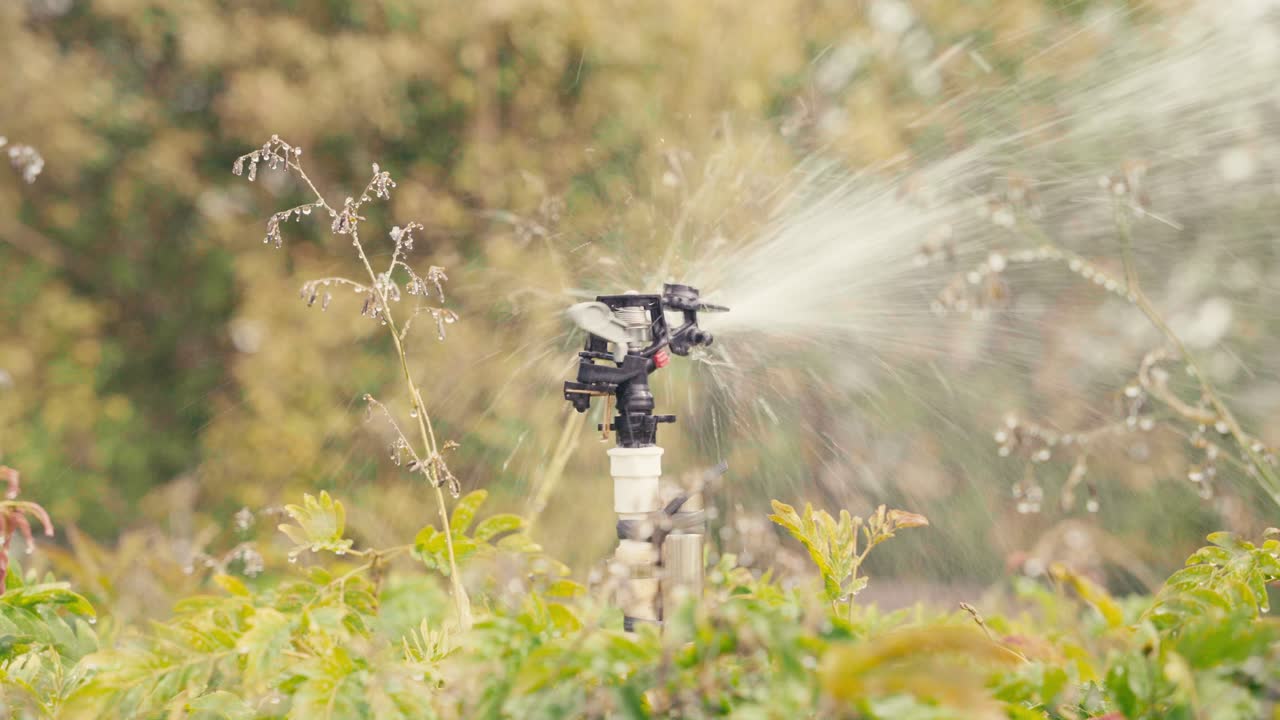 Inquadratura ravvicinata statica di un irrigatore da giardino rotante che spruzza acqua su piante verdi in un campo agricolo all'aperto durante il giorno con luce naturale soffusa e profondità di campo ridotta
