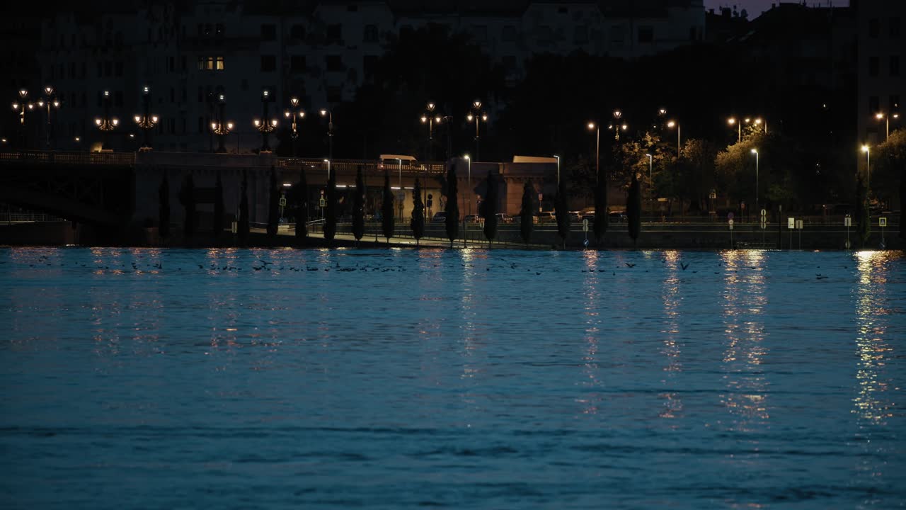 Flooded riverside at night, reflecting city lights, Budapest Flood 2024, peaceful ambiance