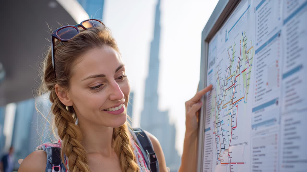 Footage of a young woman traveler with backpack studying a metro route map on a street information board in a modern downtown, planning directions for urban sightseeing