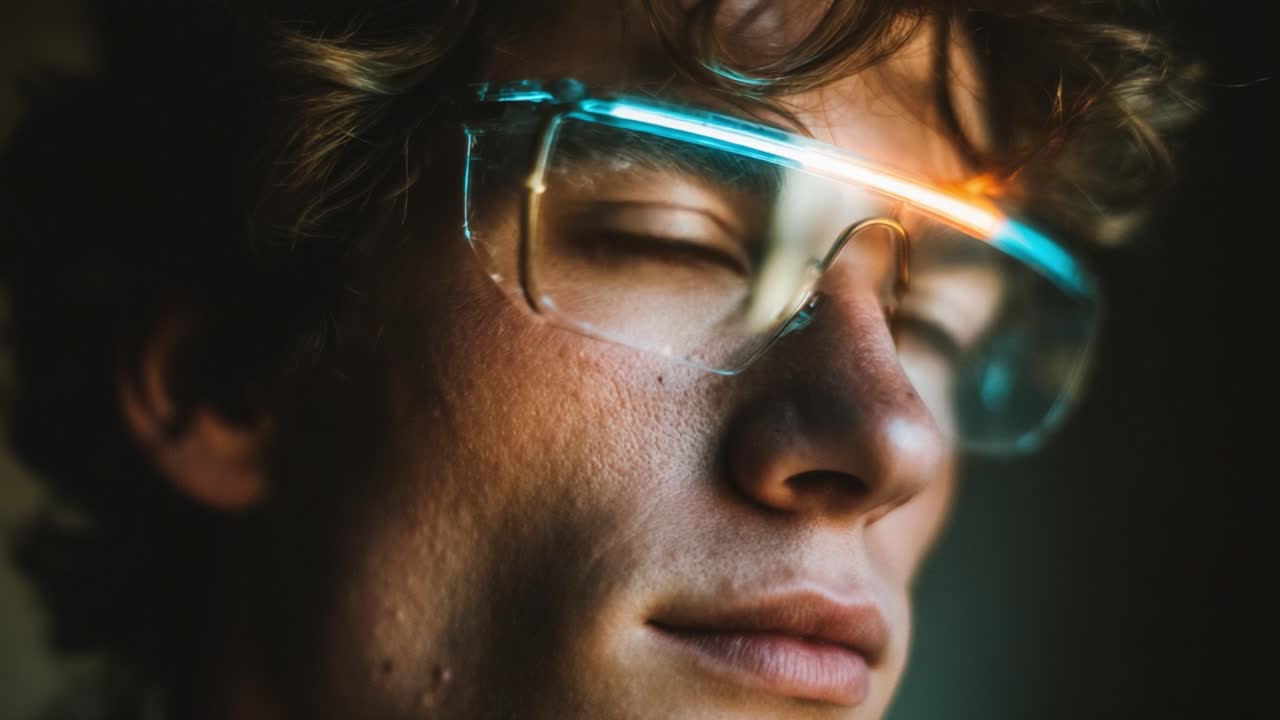 Primo piano di un giovane che indossa occhiali trasparenti alla moda con effetti di illuminazione unici, che enfatizzano i tratti del viso e le espressioni