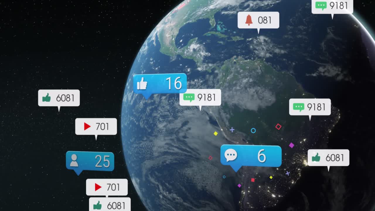 Animation of social media icons and numbers over globe