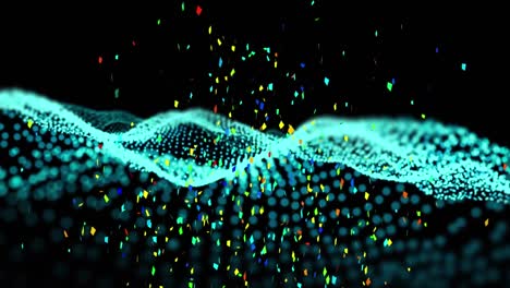 animation of colourful confetti falling over undulating blue contours on black background