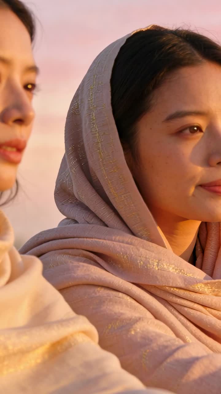 Video vertikal: Dua wanita menatap saat matahari terbit, mengalihkan pandangan dan tersenyum, mengenakan syal dan selendang.