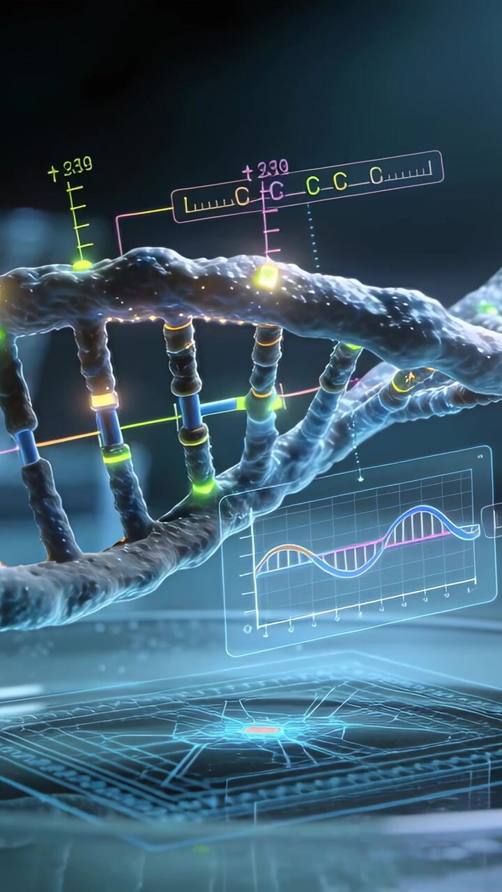 Vertical video: Rotating helix reacting to animated overlays in lab with pulsing nodes and waveform