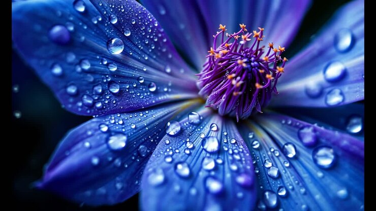Nahaufnahme einer lila-blauen Blume mit Wassertropfen