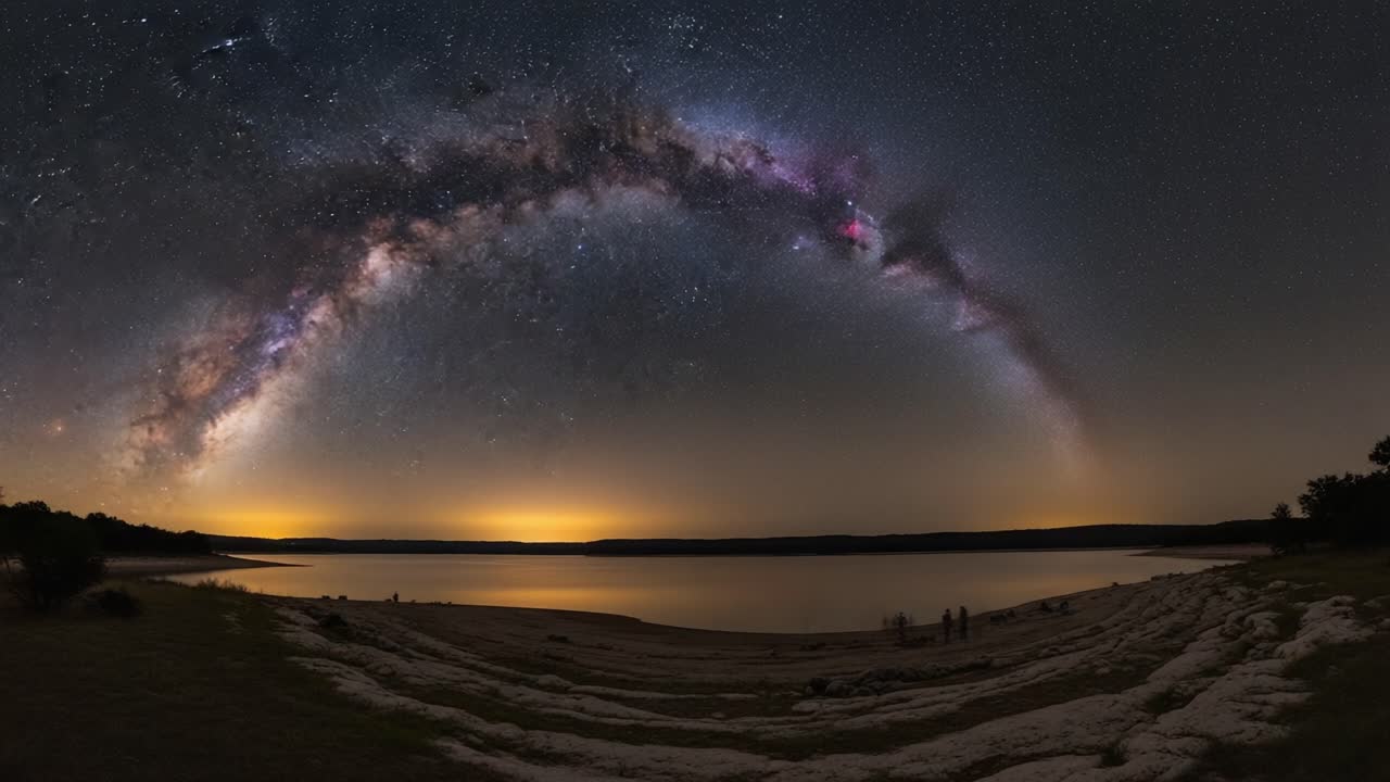Breathtaking Panorama of the Milky Way Arch over a Serene Lake Capturing the Essence of Cosmic Beauty and Natural Splendor at Night