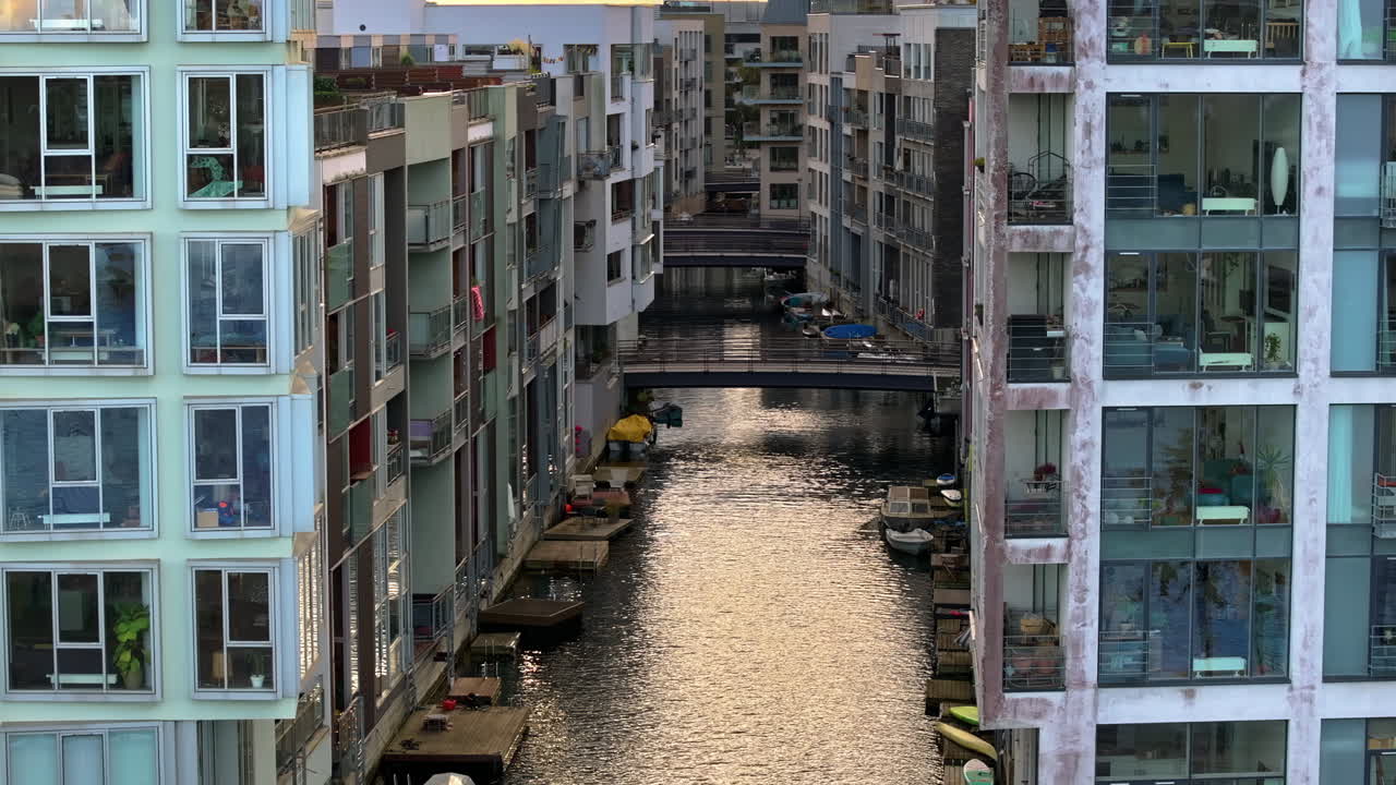 Aerial drone view of the Teglholmen peninsula in the South Harbour of Copenhagen, Denmark