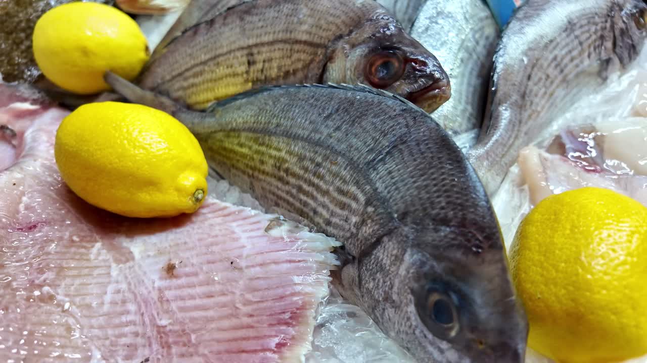 Close-up view of fresh whole sea bream fish displayed on ice with yellow lemons at a seafood market. High quality raw fish ingredients ready for cooking or restaurant preparation