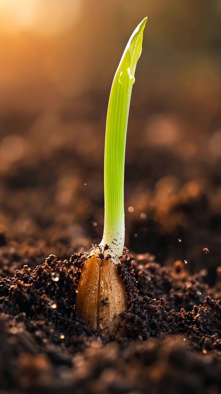 Un giovane germoglio emerge lentamente dal terreno scuro mentre minuscole goccioline rimangono sulla sua foglia verde brillante, con luce solare soffusa, uno sfondo naturale sfocato e una composizione macro che evidenzia le prime fasi di crescita.