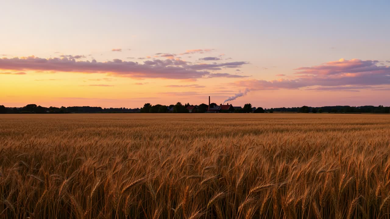 Serene Sunset Over Golden Wheat Fields: Capturing the Tranquility of Rural Life and Nature's Beauty with a Distant Smoke-Spewing Factory in the Background