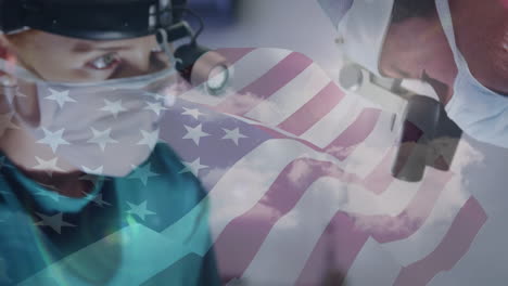 animation of flag of usa waving over surgeons in face masks