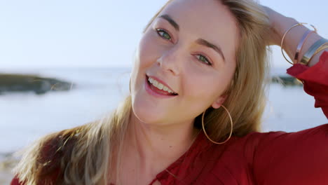 Happy,-smile-and-face-of-woman-at-beach-for-travel