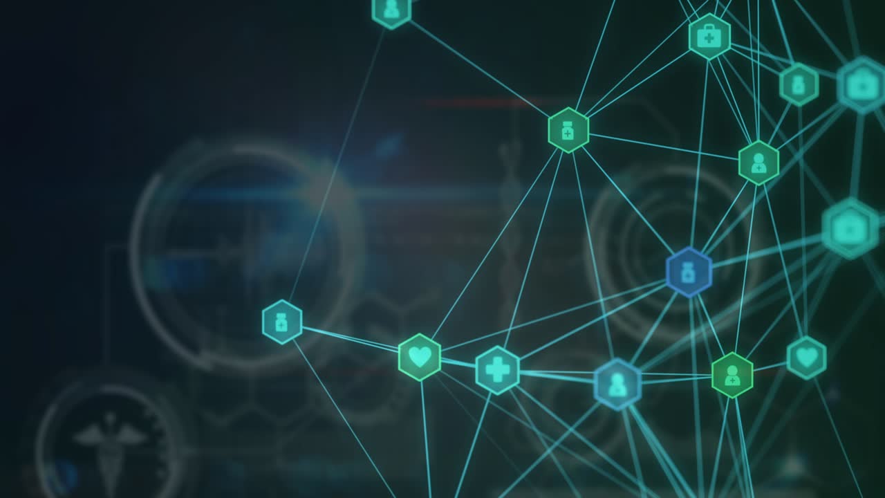 Globe of medical icons over digital interface with data processing against blue background