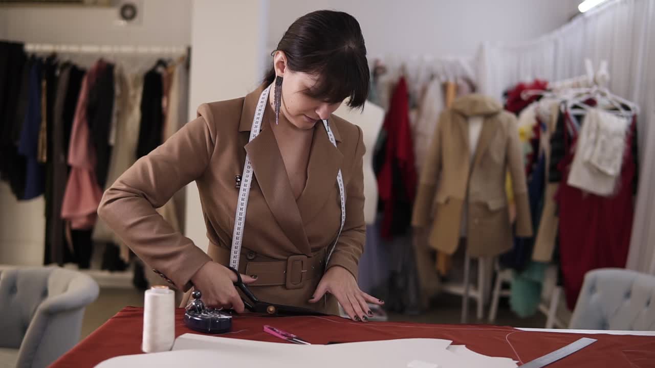 diseñadora de moda femenina con un elegante abrigo marrón y pendientes trabajando con tela roja en el estudio lleno de herramientas de confección - patrón, tijeras, cinta métrica. lugar de trabajo de la costurera. el sastre corta el futuro detalle del vestido y luego sonríe alegremente a la cámara