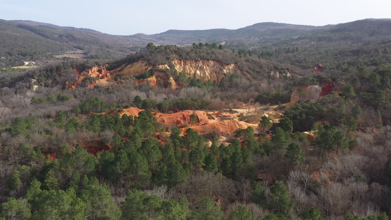 cañón geológico ocre rojo disparo aéreo bosque de pinos disparo aéreo colorado