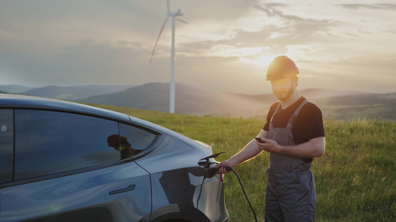 Uomo con cappello che ricarica un'auto elettrica con turbina eolica sullo sfondo, il filmato evidenzia le energie rinnovabili