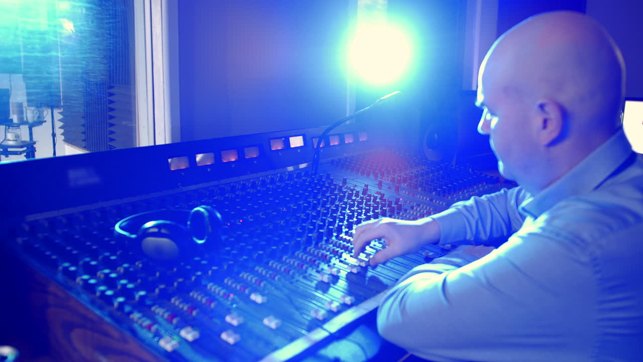 A male sound engineer siting at a mixer. The man is an audio technician in a professional recording studio operating a mixing desk
