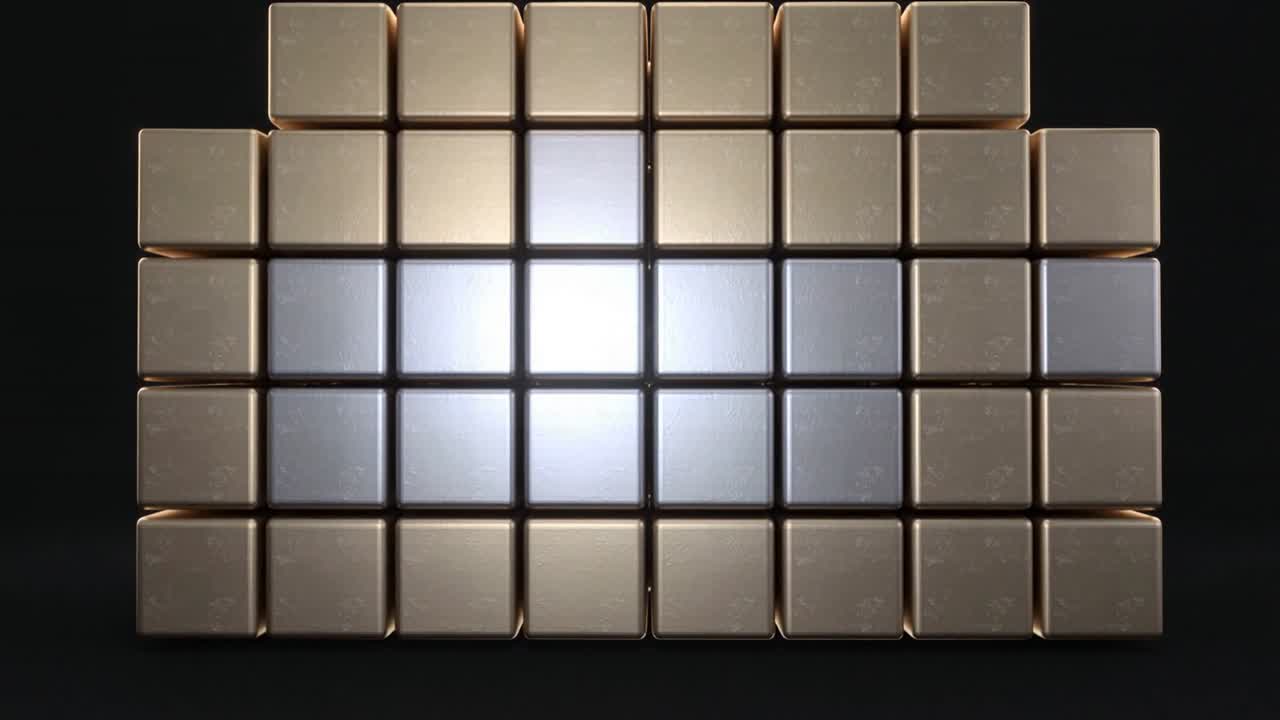 Pulsing metal cube grid shifting upward in studio, bright center highlight initiating cooler glow