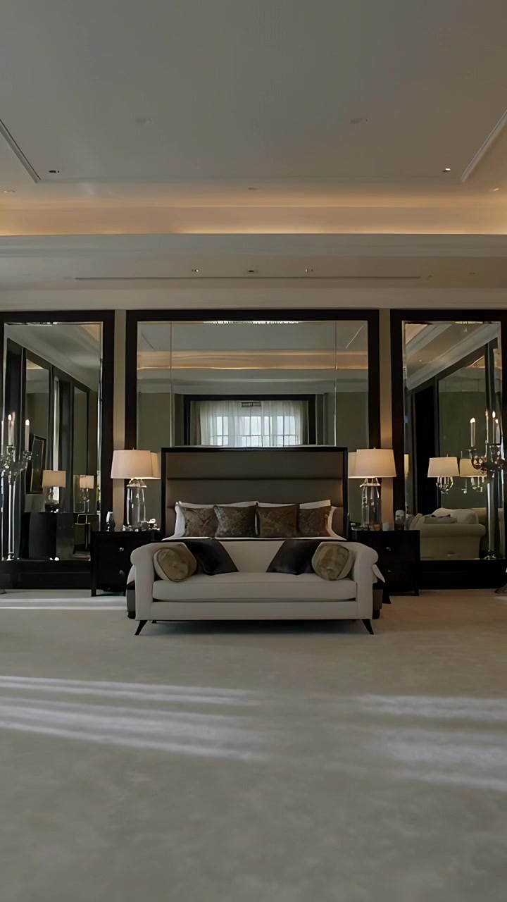 Video vertical: Tirando de una cortina transparente, la cámara revela una cama suave y un banco en una suite de lujo, espejos.