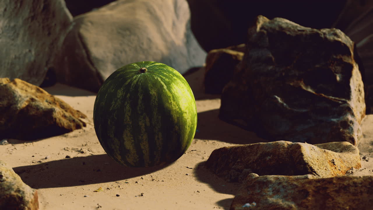 Vibrant watermelon resting on sandy surface surrounded by rocks