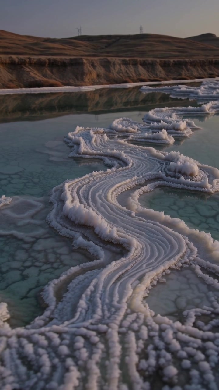Intrincadas formaciones de sal en un sereno lago salado al atardecer