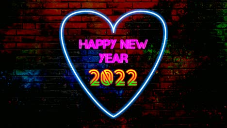 letrero de neón feliz año nuevo 2022 texto con fondo de pared de ladrillo
