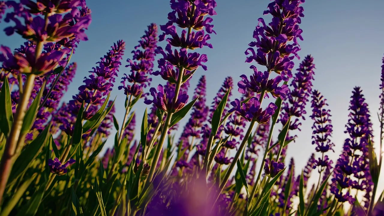 Fiori di lavanda viola che ondeggiano dolcemente in un campo con bagliore solare