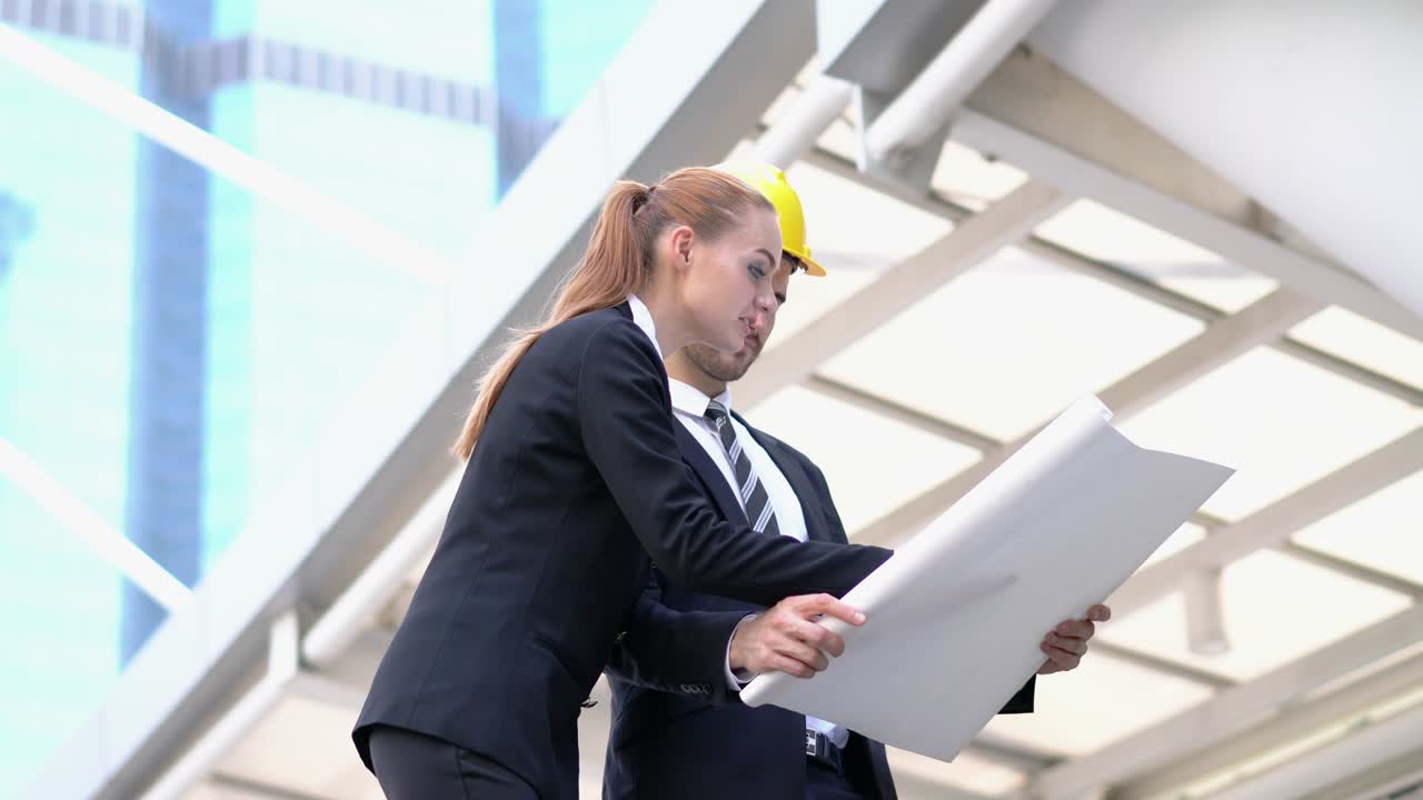 ingeniero y mujer de negocios sosteniendo el plan con hablar discutir el proyecto juntos. concepto de gestión de proyectos, reunión de negocios, estrategia e ingeniería.