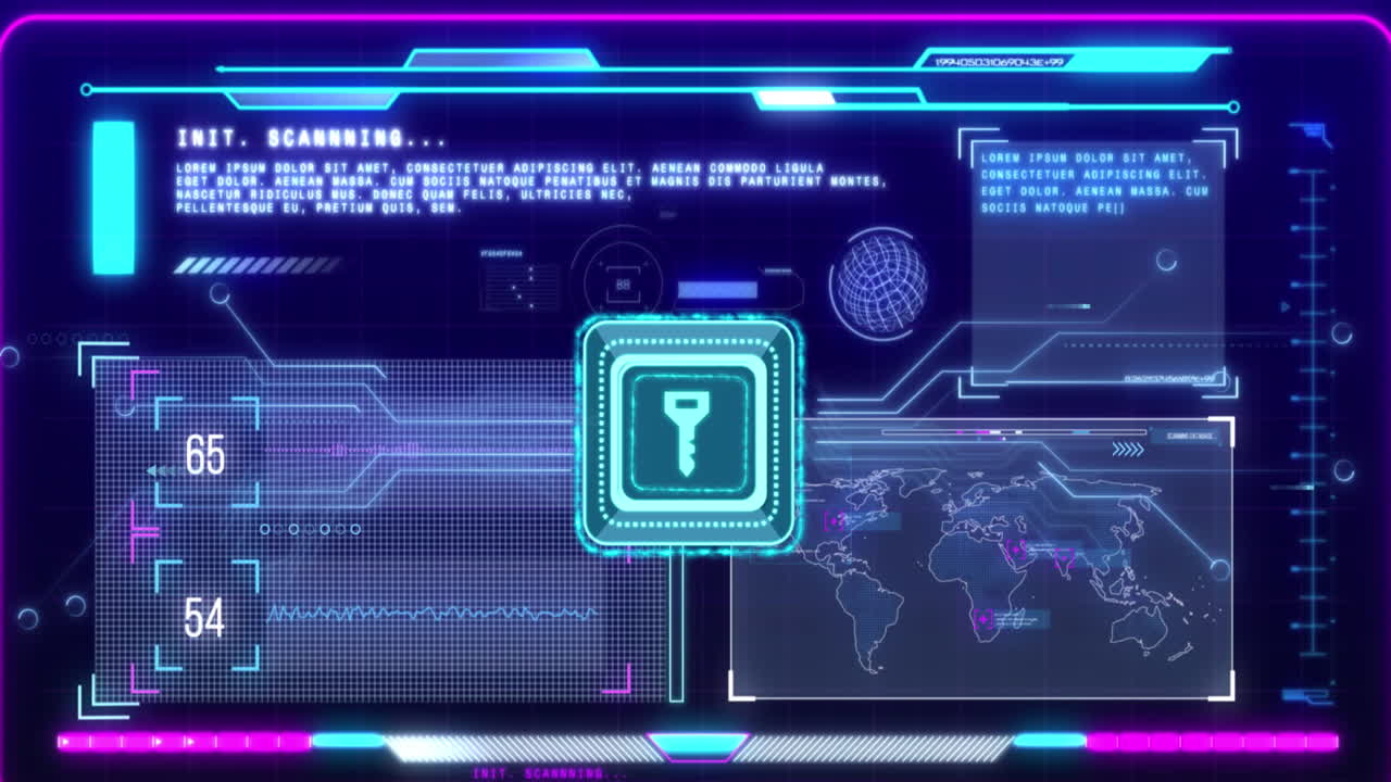 animación del icono de la tecla sobre el procesamiento de datos en fondo negro.