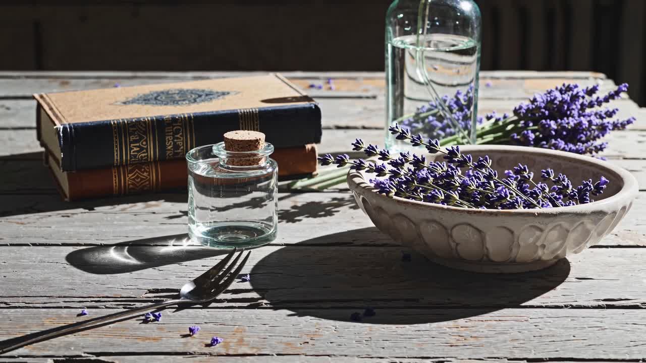 Lavender and Books on a Rustic Table
