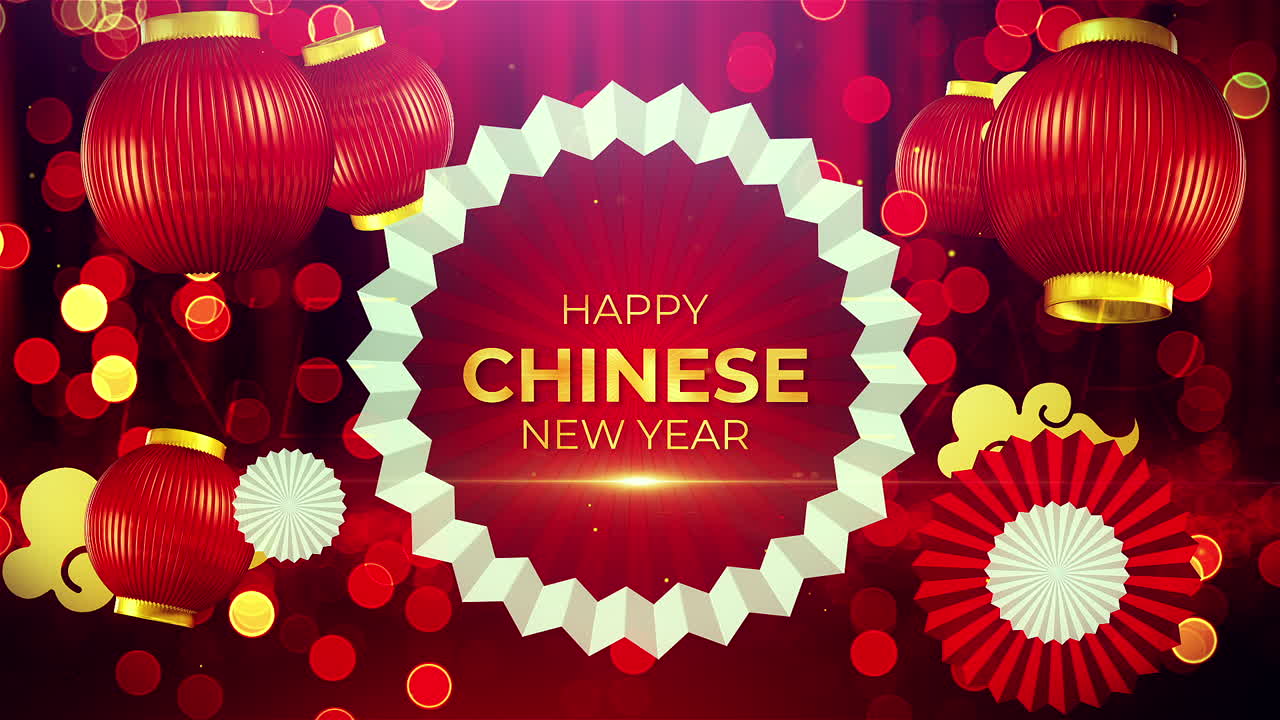 Celebrate the Lunar New Year with vibrant motion graphics featuring traditional Chinese themes like red and gold, lanterns.