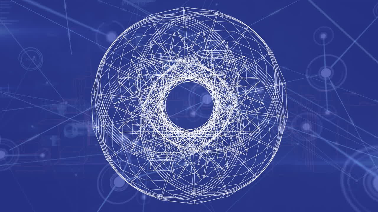 animación de una forma abstracta a través de una red de conexiones y procesamiento de datos sobre un fondo azul