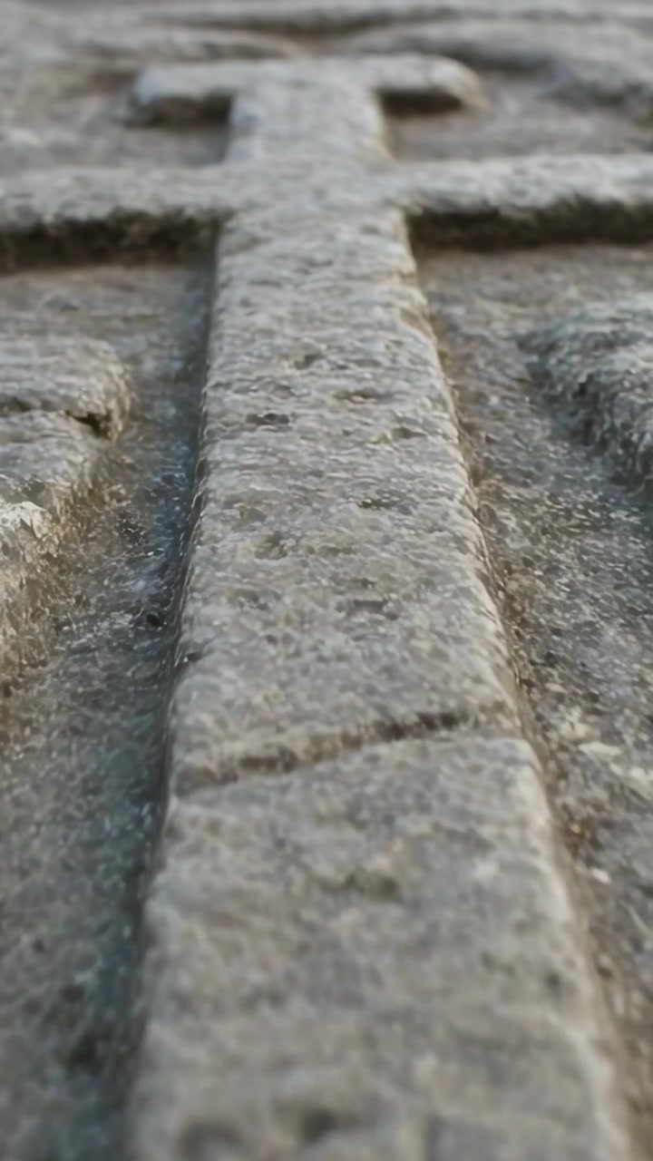 Vertical video: Moving camera revealing carved cross ridge at memorial stone, exposing worn surface