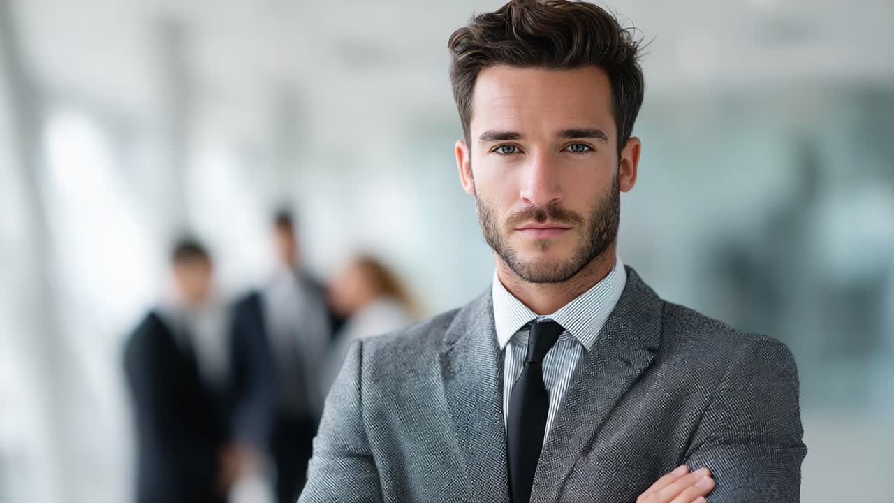Uomo d'affari sicuro di sé in abbigliamento professionale si distingue in un moderno ufficio, trasudando carisma e determinazione tra i colleghi sfocati