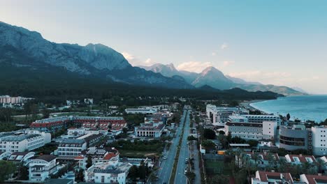 Drone-View-of-Kemer-City-of-Antalya,-Resort-Town-on-Mediterranean-Coast-of-Turkey