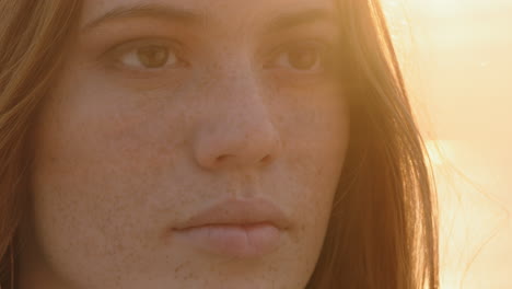 close up portrait beautiful red head woman opening eyes meditating at sunset praying exploring spiritual lifestyle enjoying mindfulness