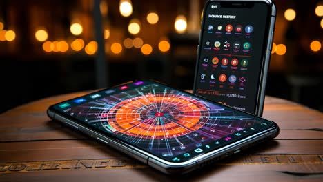 modern smartphones displaying colorful digital designs on a wooden table