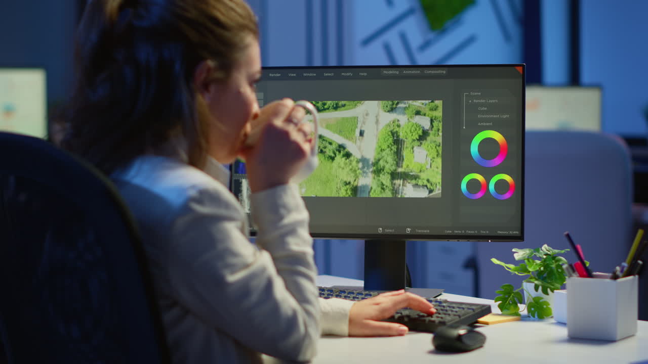 videógrafo enfocado editando una película a medianoche