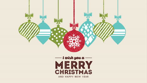 happy merry christmas card with balls hanging