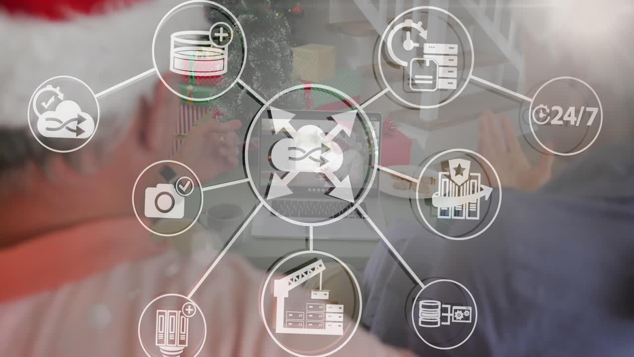 grandparents and grandson using laptop near Christmas tree, with floating tech analytics icons