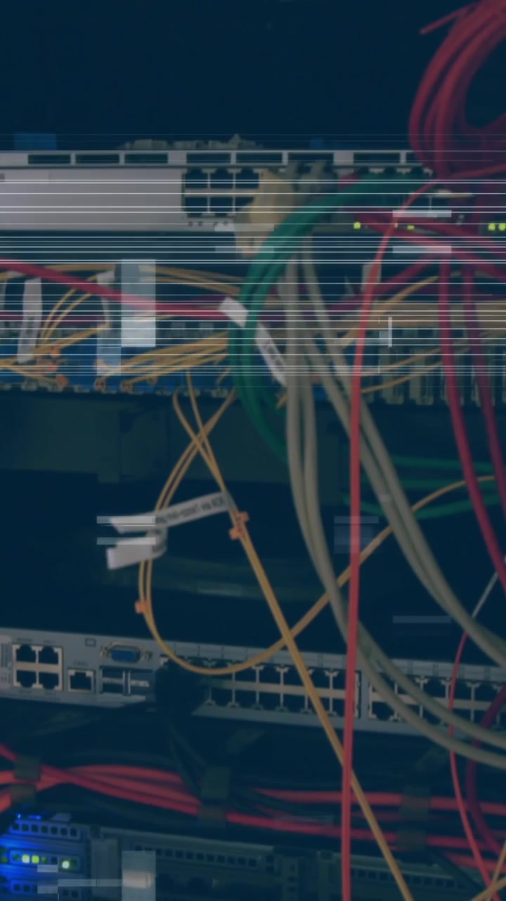 Animation of data processing and horizontal lines flickering over cables and computer server