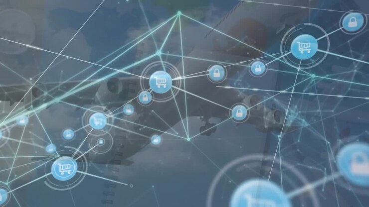 Animation of network of connections with icons over caucasian businessman using screen