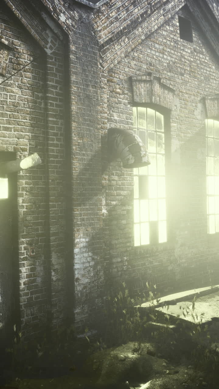 Abandoned building with sunlight shining through at dusk