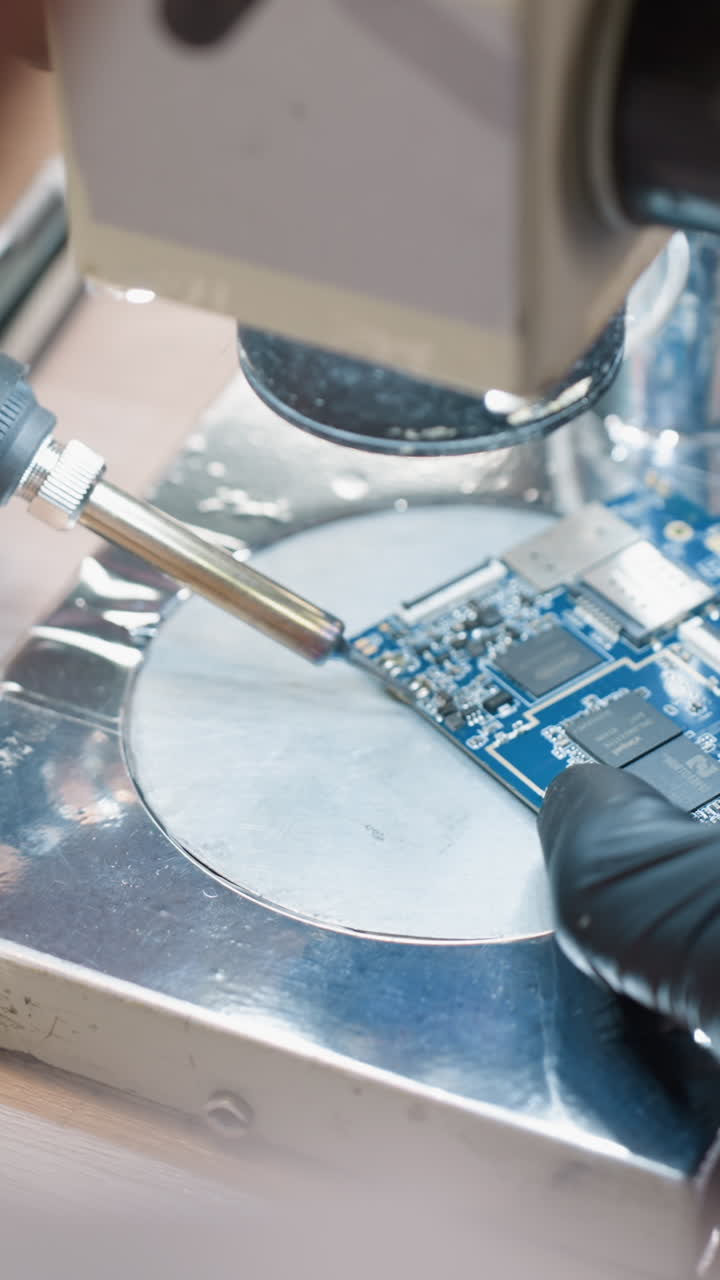 Behind view of a technician's gloved hands meticulously soldering a blue circuit board under a microscope, the technician uses a soldering iron to work on the circuit