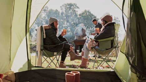 coffee cup, nature camping and happy people toast