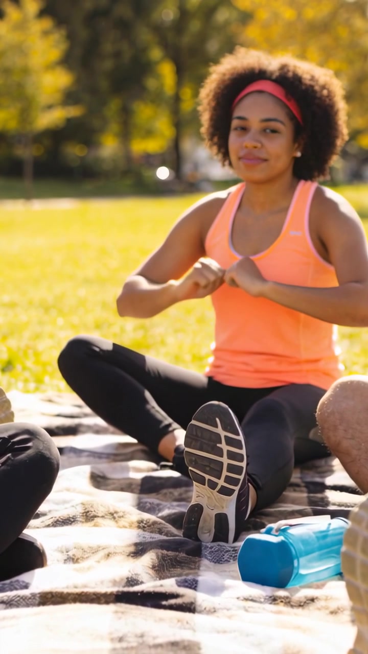 Vídeo vertical: Recebendo o toque de parceiros, mulher de blusa laranja fazendo exercícios para o peito em um cobertor no parque.